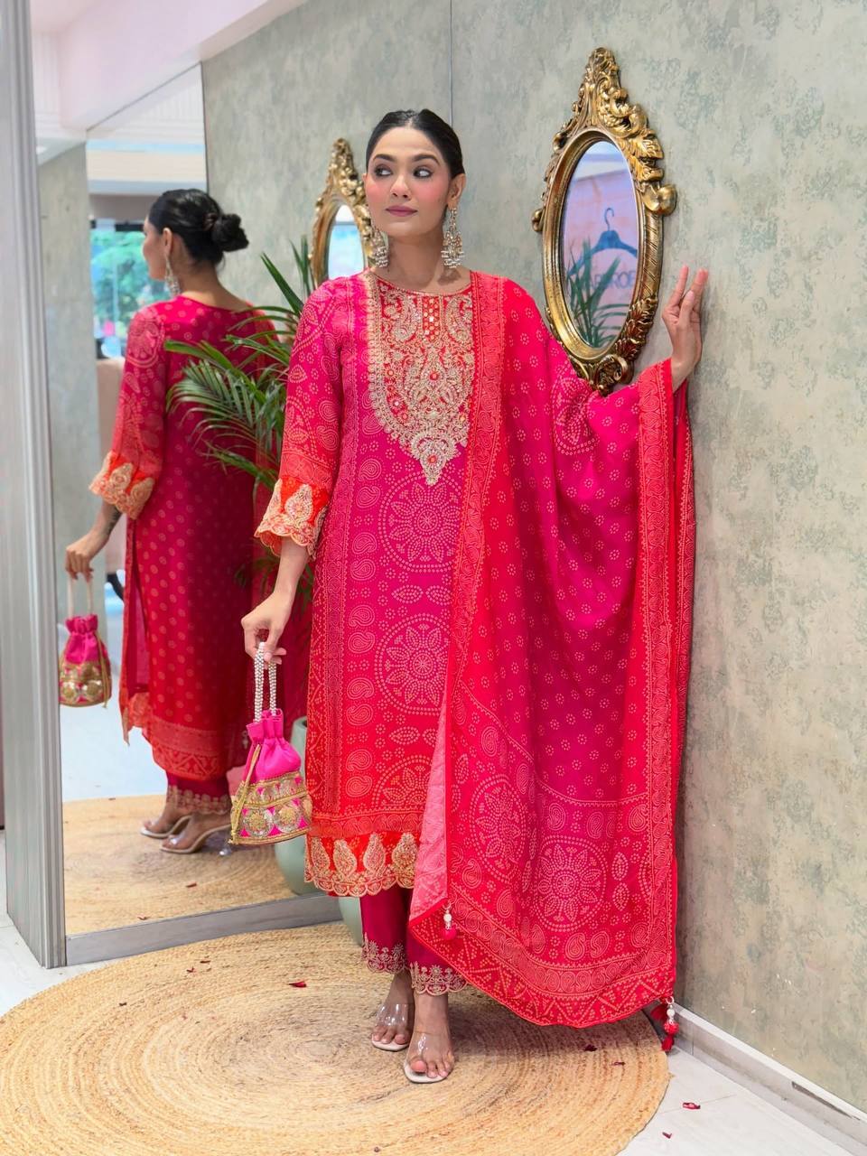 Pure Natural Crepe With Heavy Embroidery Kurta Pant and Dupatta Set